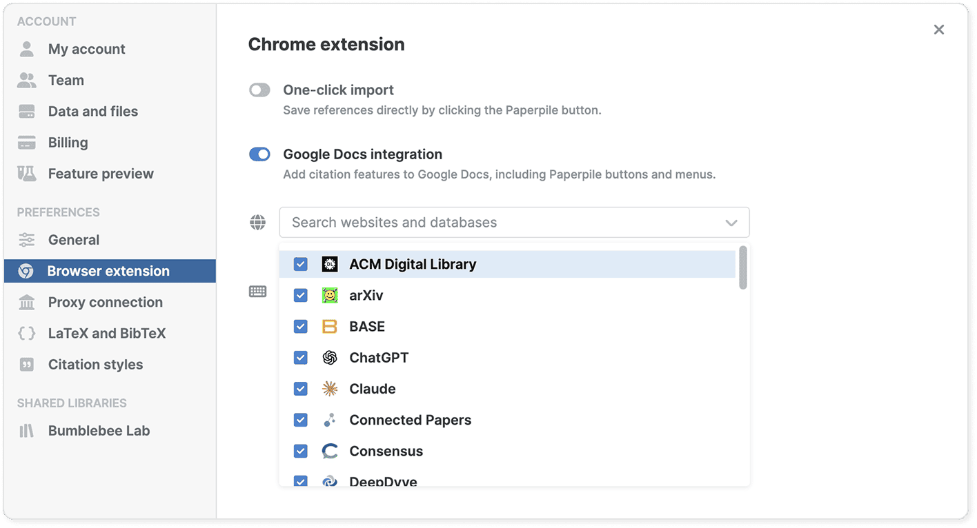 Settings › Browser extension with a “One-click import” toggle off and “Google Docs integration” on, above a searchable list of ticked integrations including ACM Digital Library, arXiv, BASE, ChatGPT, Claude, Connected Papers and Consensus.